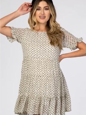 Pinkblush Cream Printed Short Sleeve Tiered Mini Dress